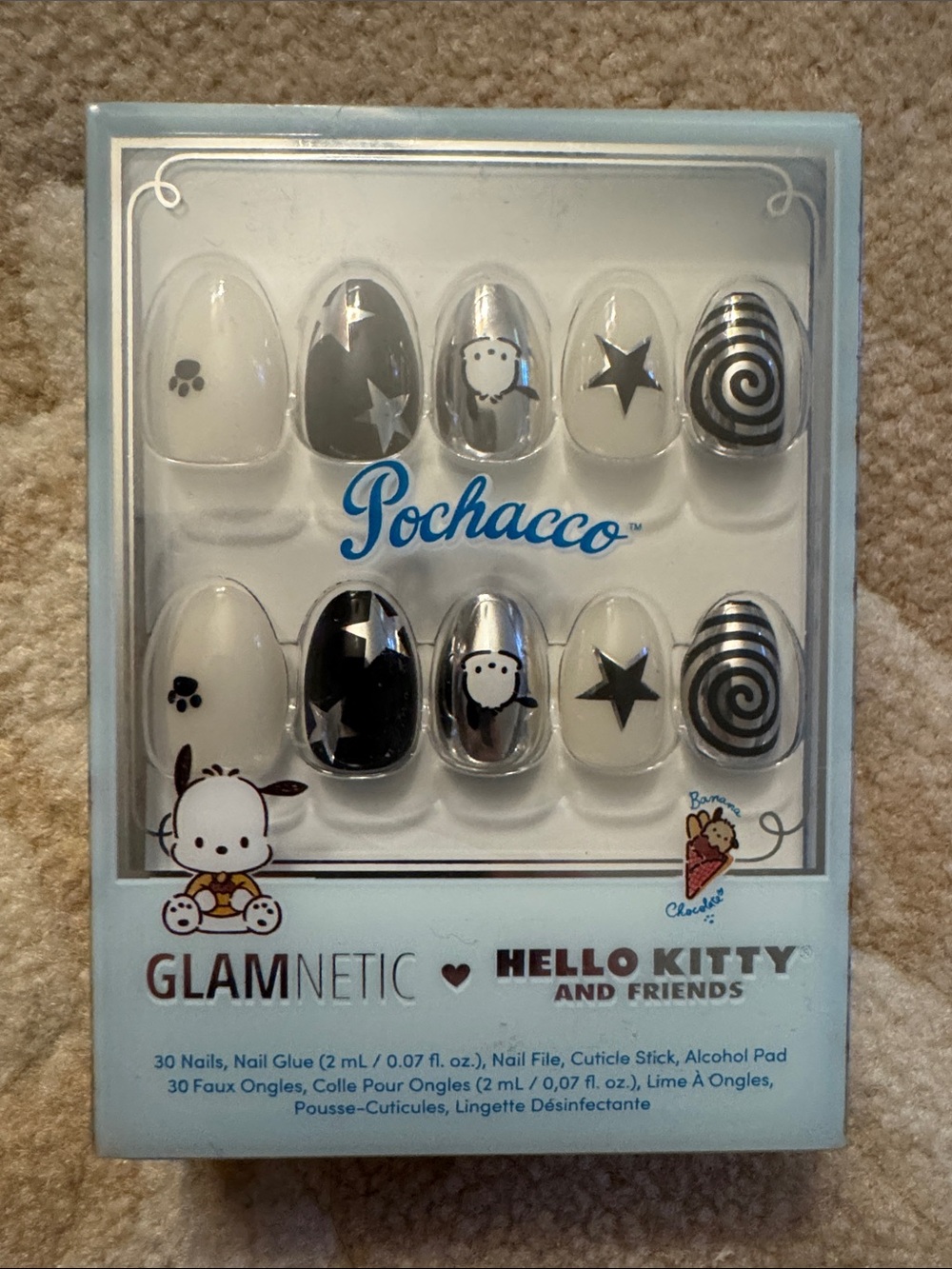 Pochacco x Hello Kitty Glamnetic Black & White Press-On Nails NIB Unopened